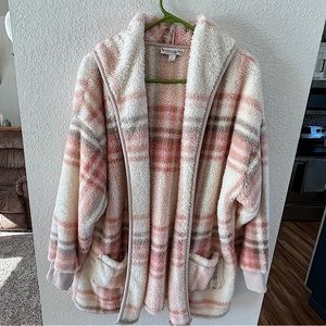 Plaid fleece open front hoodie